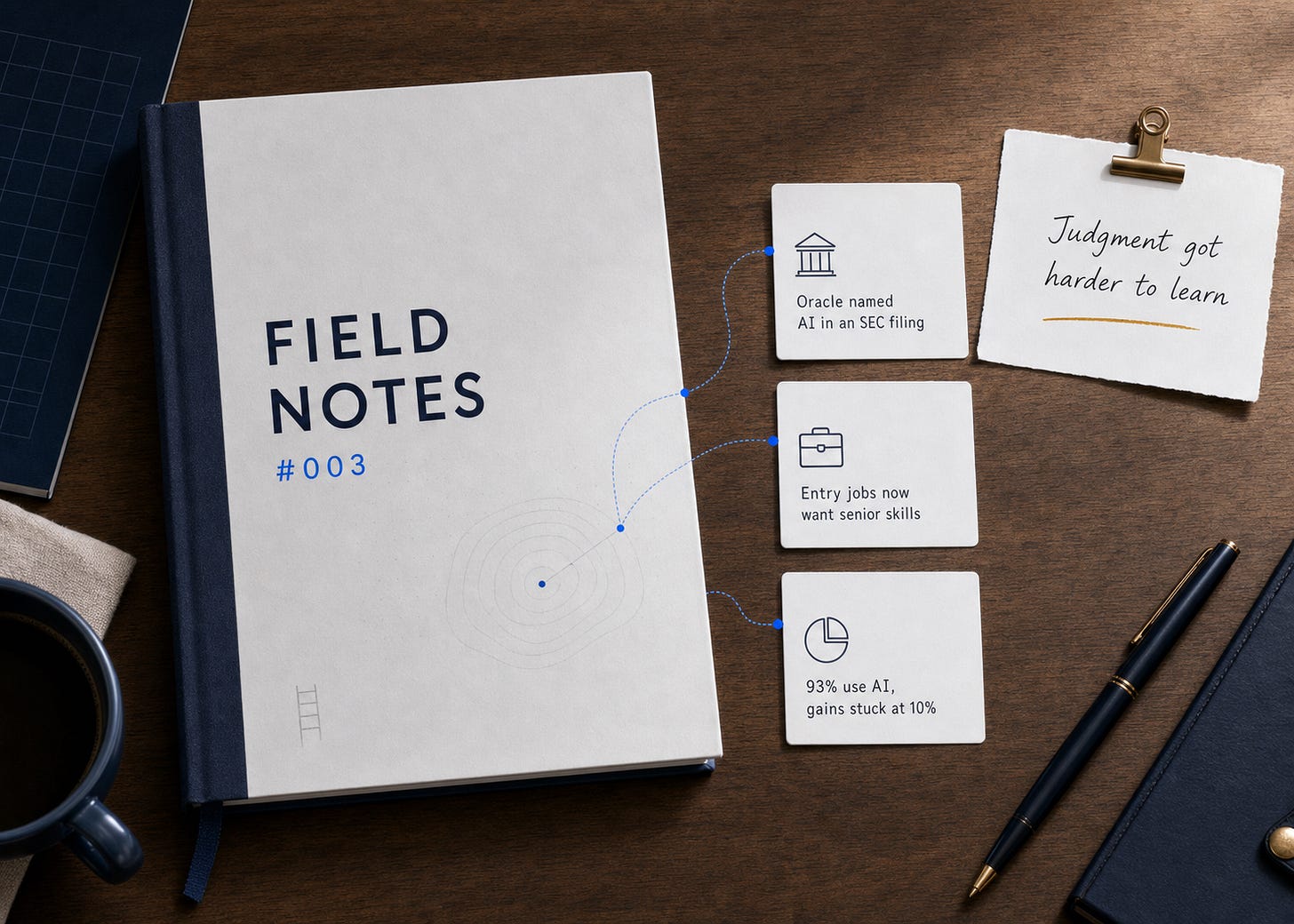 Editorial flat-lay of a "Field Notes #003" notebook on a wood desk with three source cards ("Oracle named AI in an SEC filing", "Entry jobs now want senior skills", "93% use AI, gains stuck at 10%"), a theme card "Judgment got harder to learn", and thin blue signal lines. Editorial flat-lay of a "Field Notes #003" notebook on a wood desk with three source cards ("Oracle named AI in an SEC filing", "Entry jobs now want senior skills", "93% use AI, gains stuck at 10%"), a theme card "Judgment got harder to learn", and thin blue signal lines.