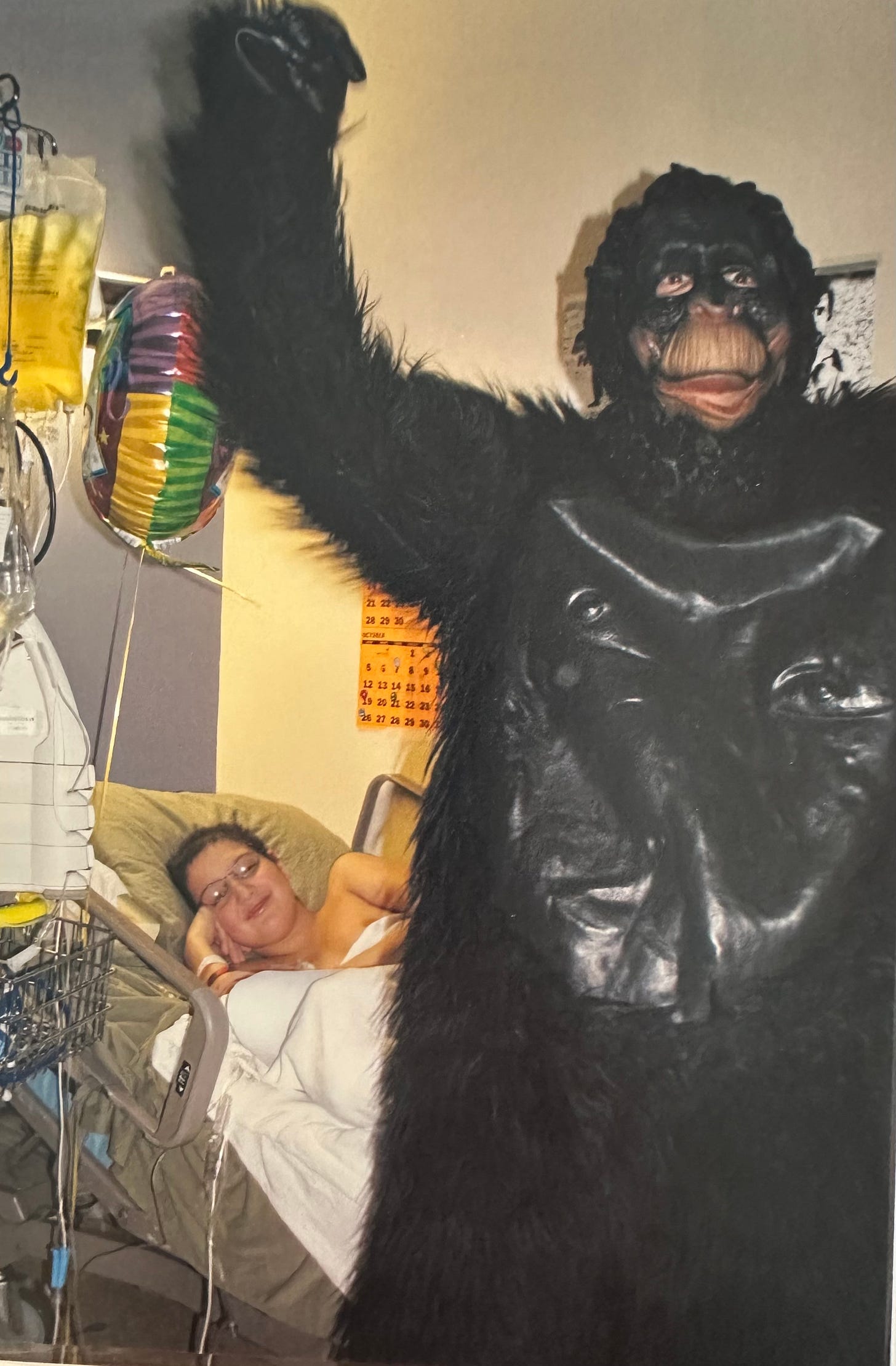 Gorilla visiting a boy in the hospital