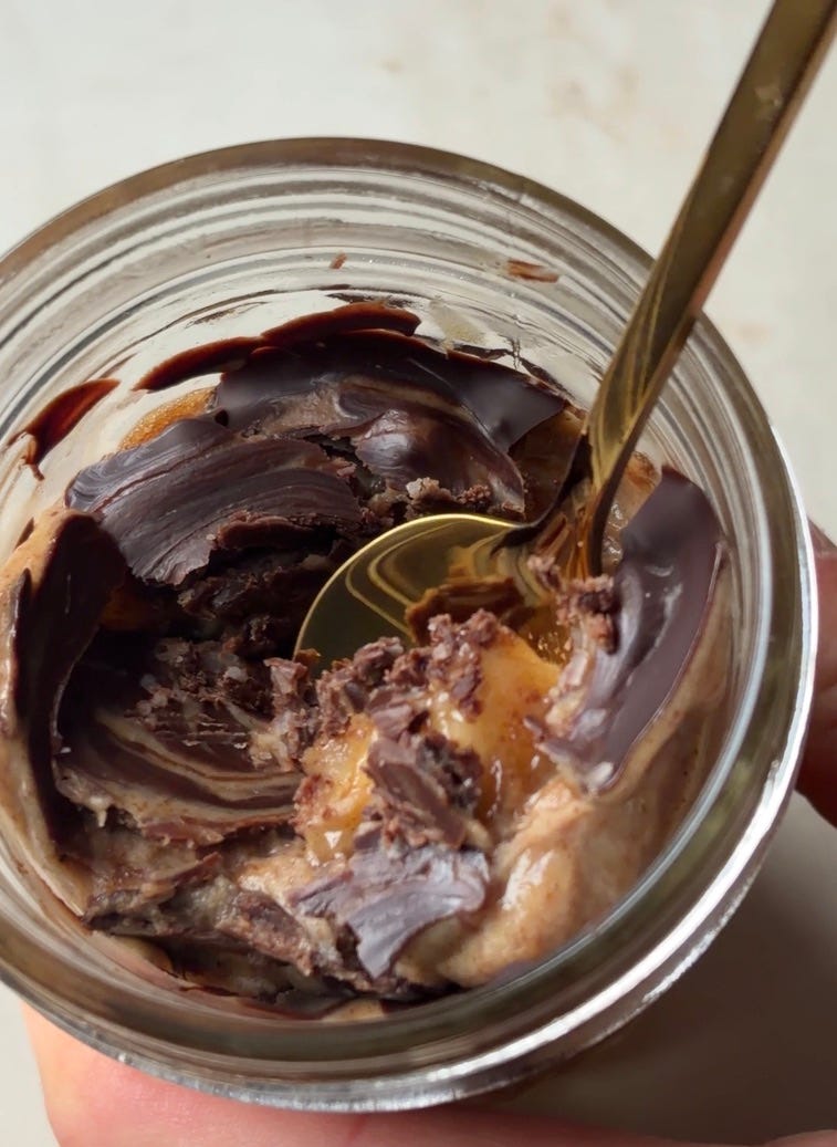 High-protein almond butter banana magic shell overnight oats