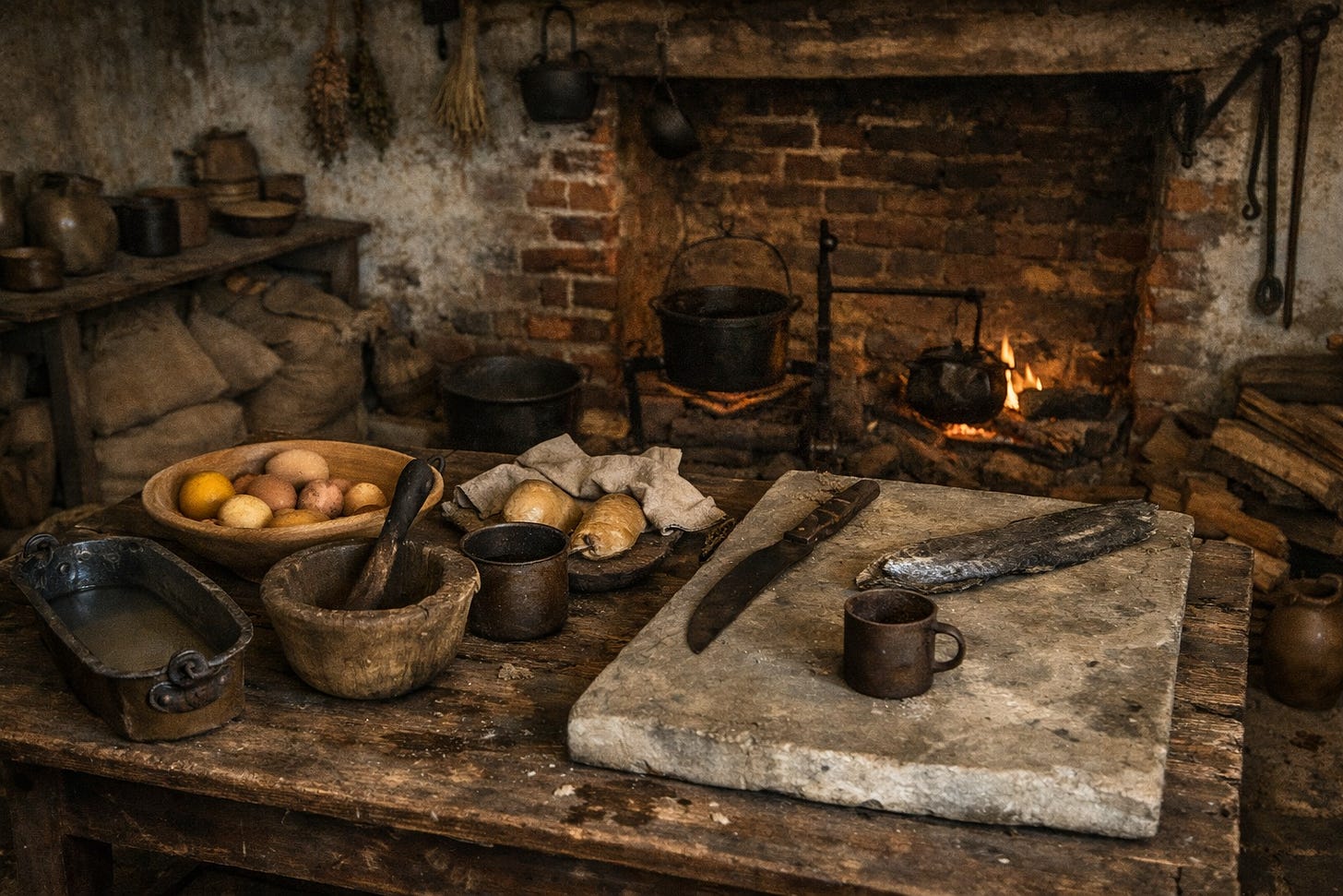 A dim, rustic historic kitchen with brick walls and an open hearth, a wooden worktable covered with a stone cutting slab, a knife, a metal cup, fish, bread, a bowl of potatoes, and worn cooking tools, suggesting the harsh working conditions of an enslaved kitchen.