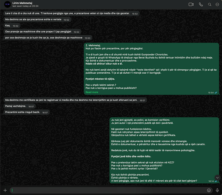 Këto pamje tregojnë reagimin e mëvonshëm të Lirim Mehmetajt. Në vend të përgjigjeve faktike, ai zhvendos debatin te kërkesa për dokumente personale, kërcënime, etiketime dhe sulme ad hominem. Galeria ilustron qartë strategjinë e shmangies, eskalimin verbal dhe refuzimin e vazhdueshëm për t’u përballur me pyetjen thelbësore, pse u publikua një pretendim i pavërtetë dhe pse nuk u korrigjua.