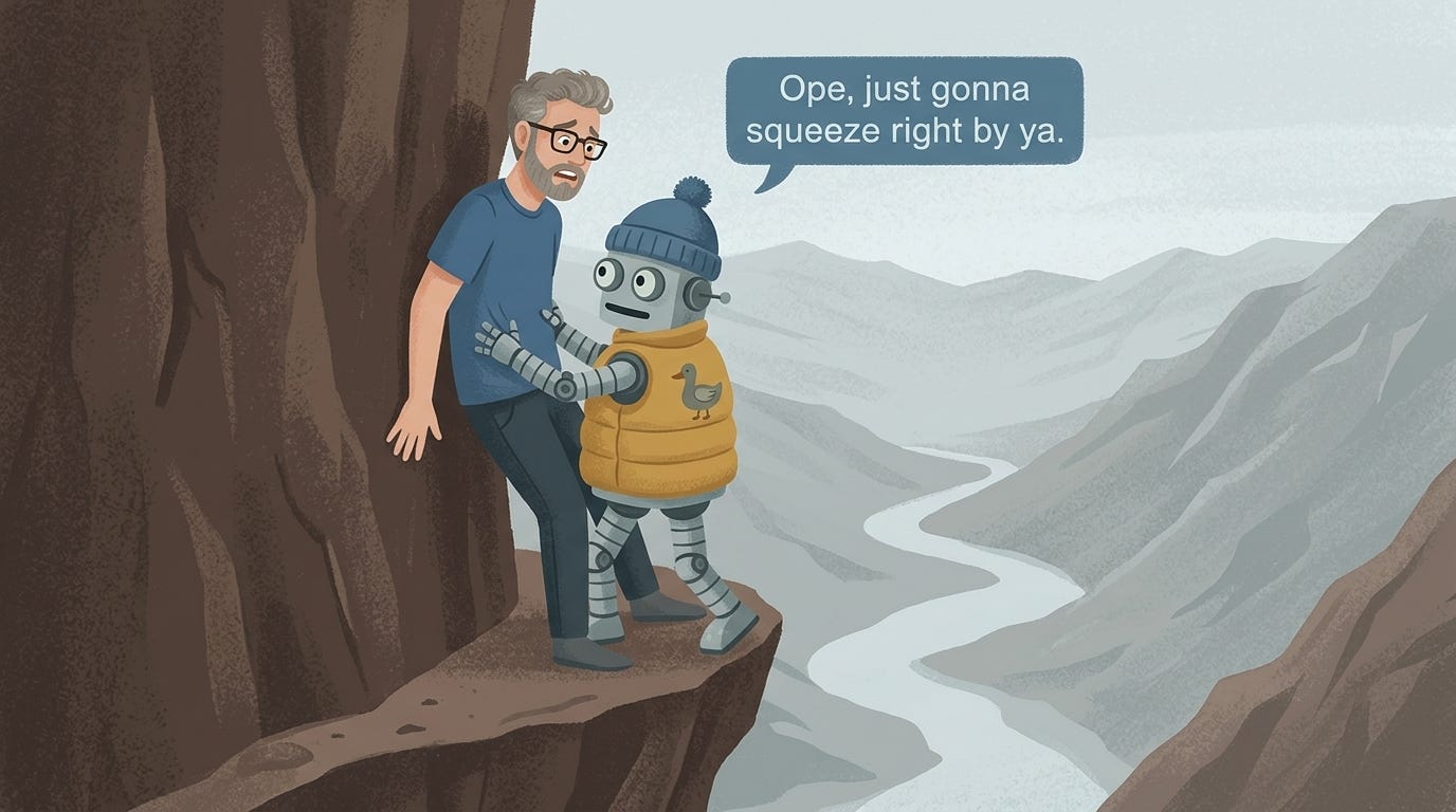 The same scene, but now on a narrow ledge: the man is pressed back against the rock face while the robot, in a yellow duck-print puffer jacket, edges past him towards the drop.