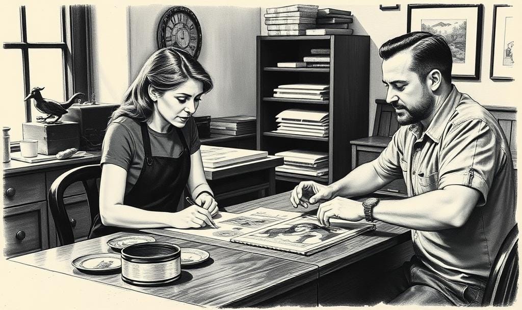 a plumbing worker explains different pricing options to the female homeowner