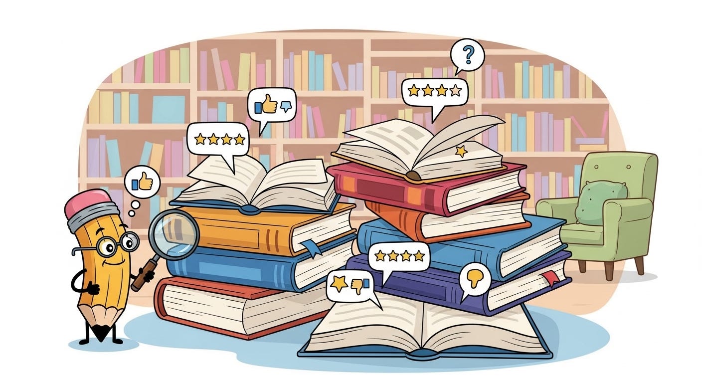 cartoon to illustrate book reviews. Image by Google Imagefx