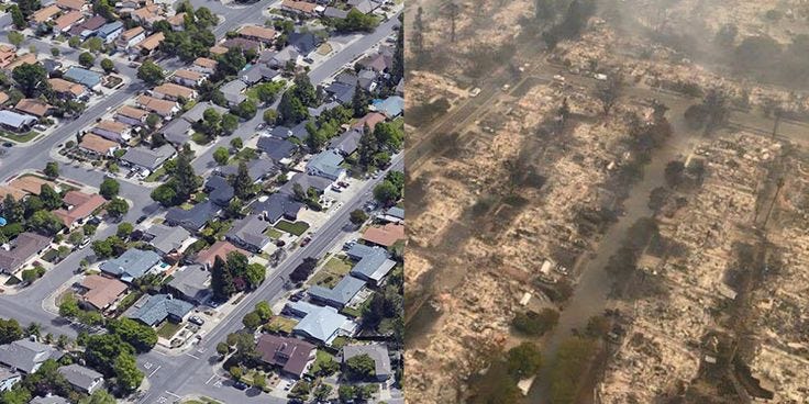 This may contain: an aerial view of a city with houses and trees in the foreground is shown