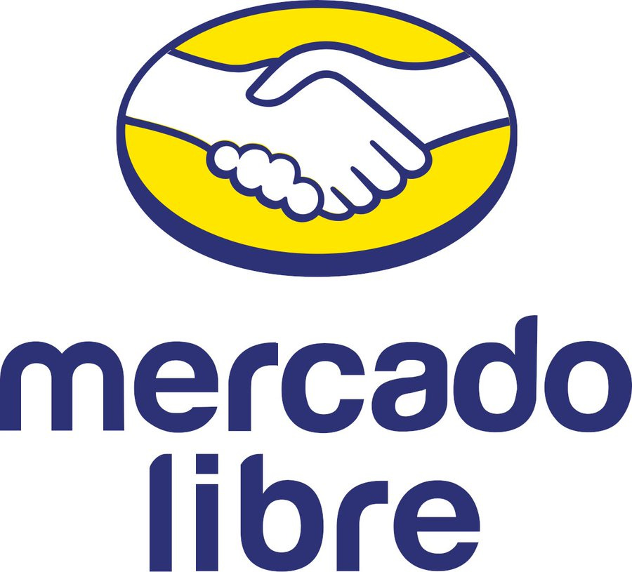 Yellow oval background with two white hands shaking in the center above blue text reading Mercado Libre