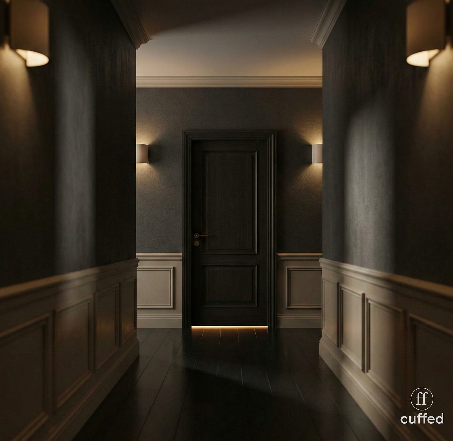 a dim cream-and-charcoal hallway with a single closed door and warm light leaking under it, photographed in cinematic chiaroscuro. the mood is tense and introspective, symbolizing conflict avoidance and unspoken conversations. seo: emotional conflict, men avoiding conflict, cuffed musing cover art. a dim cream-and-charcoal hallway with a single closed door and warm light leaking under it, photographed in cinematic chiaroscuro. the mood is tense and introspective, symbolizing conflict avoidance and unspoken conversations. seo: emotional conflict, men avoiding conflict, cuffed musing cover art.