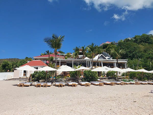 Shellona restaurant and beach umbrellas on Shell Beach, Gustavia, St. Barth