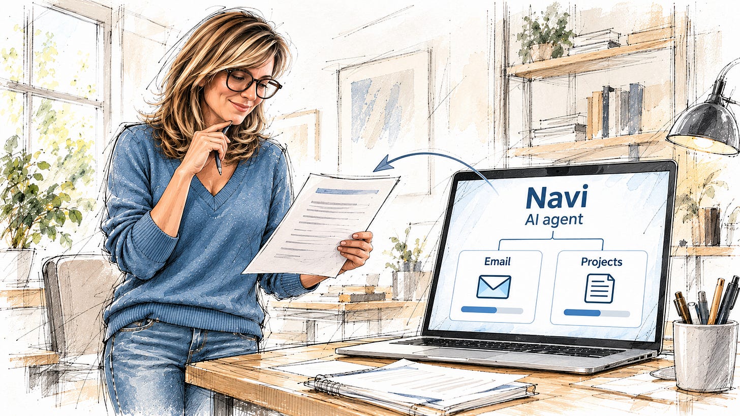 A woman reviews a document while Navi, her AI agent, handles email and projects on a laptop.