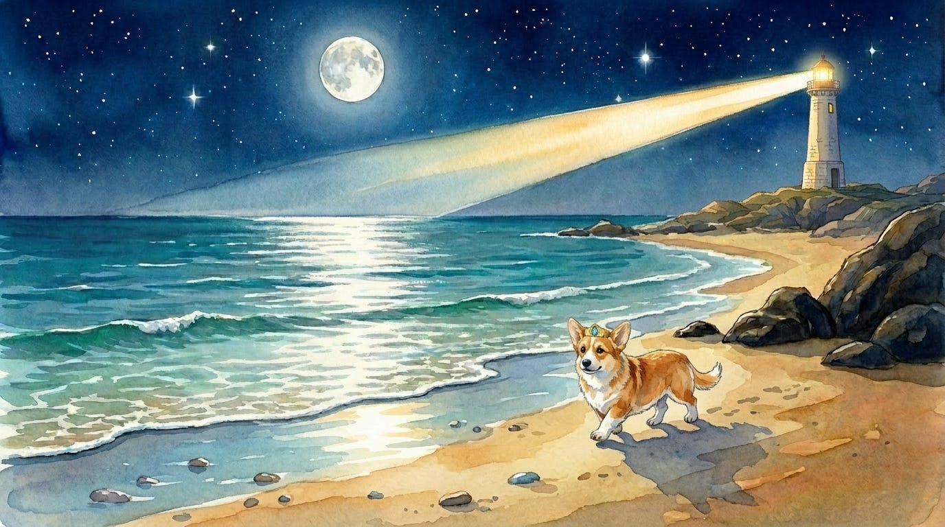 Prince Freddie walks home along the moonlit beach after solving the keeper's riddle — cozy bedtime sleep story.