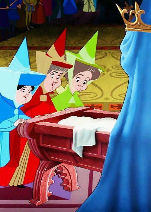 The three good fairies coming to bless baby Princess Aurora The three good fairies coming to bless baby Princess Aurora