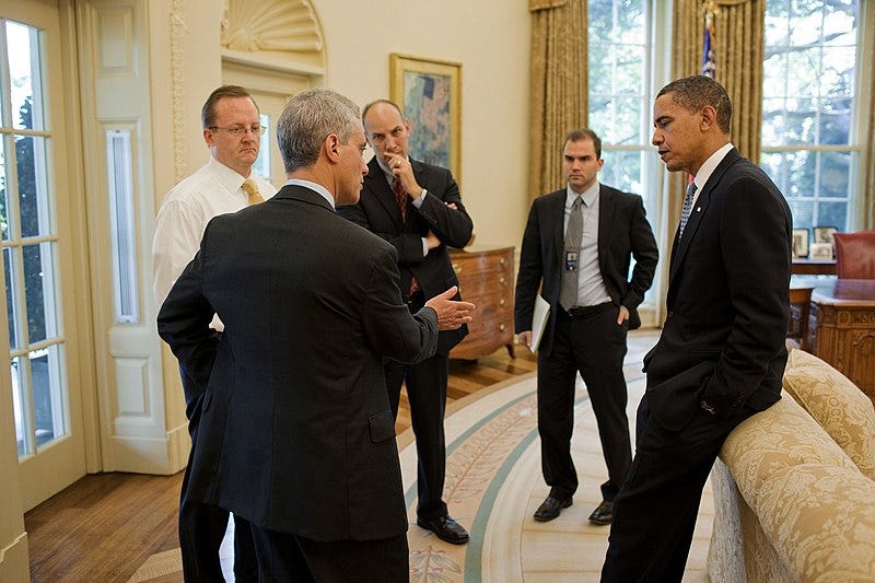 File:President Obama, Rahm Emanuel, Robert Gibbs, Phil Schiliro and Ben Rhodes, Oct 2009.jpg
