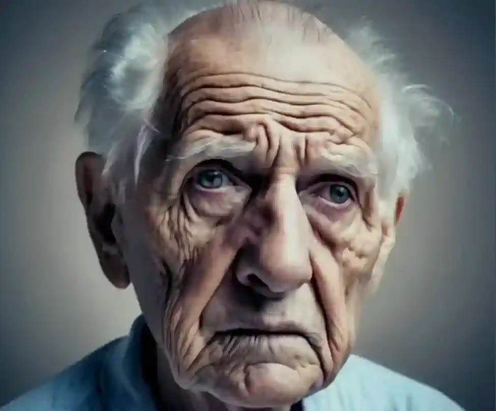 The man's expression reflects the burdens of anxiety and perplexity of Alzheimer's.