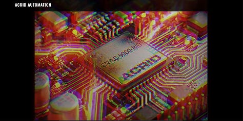 Final mobile and desktop view of the Acrid Automation homepage. Features include the contained 'Acrid Core' video player with a glowing border and a 3-column 'Terminal Grid' linking to X, YouTube, and Substack, styled with a CRT scanline effect.