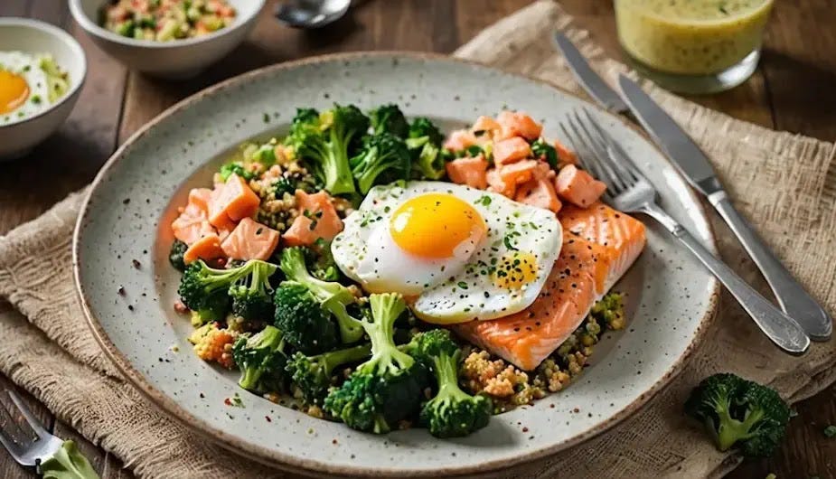 A colorful plate showcasing various choline-rich foods like eggs, salmon, broccoli, and quinoa.