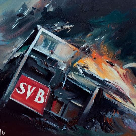 collapsing building representing SVB's failure due to interest rate hikes, dramatic scene of financial instability, Painting, Acrylic on canvas with dark colors and bold brushstrokes