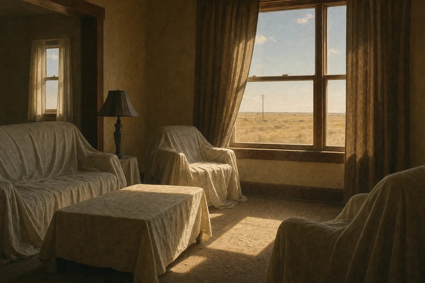 Front room of a closed up Texas house with furniture under white dust sheets, half drawn curtains and dust in a shaft of afternoon light, flat open land through the window Front room of a closed up Texas house with furniture under white dust sheets, half drawn curtains and dust in a shaft of afternoon light, flat open land through the window