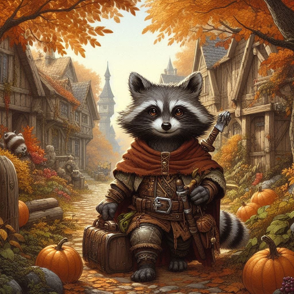 raccoon adventurer in a wooded village in the fall, dungeons and dragons fantasy drawing