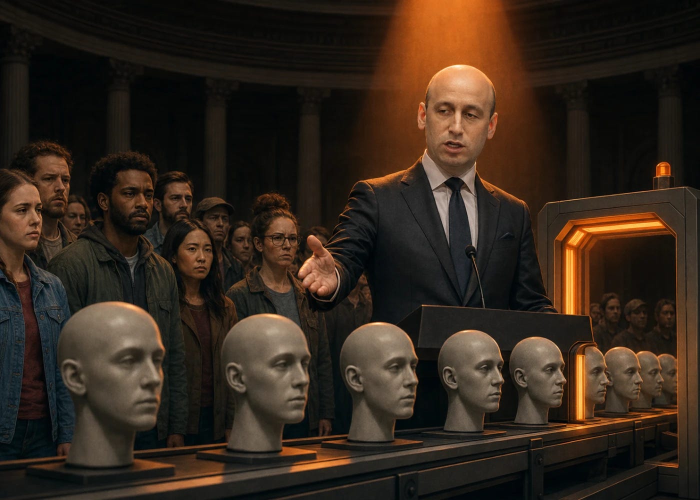 Stephen Miller gestures from a government podium beside an orange-lit conformity scanner as identical mannequin heads move along a conveyor belt and a diverse crowd watches behind him. Stephen Miller gestures from a government podium beside an orange-lit conformity scanner as identical mannequin heads move along a conveyor belt and a diverse crowd watches behind him.