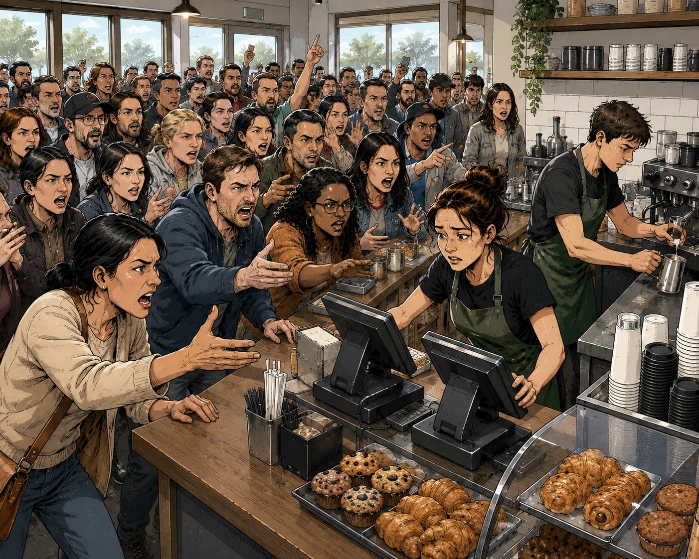 Graphic novel style illustration of an overwhelmed coffee shop staffed by only two workers while a large crowd of frustrated customers presses toward the counter. The employees appear stressed and rushed as they prepare drinks and manage orders, while angry customers gesture impatiently from a packed line. The bright café setting emphasizes the tension and pressure created by understaffing in a frontline workplace.