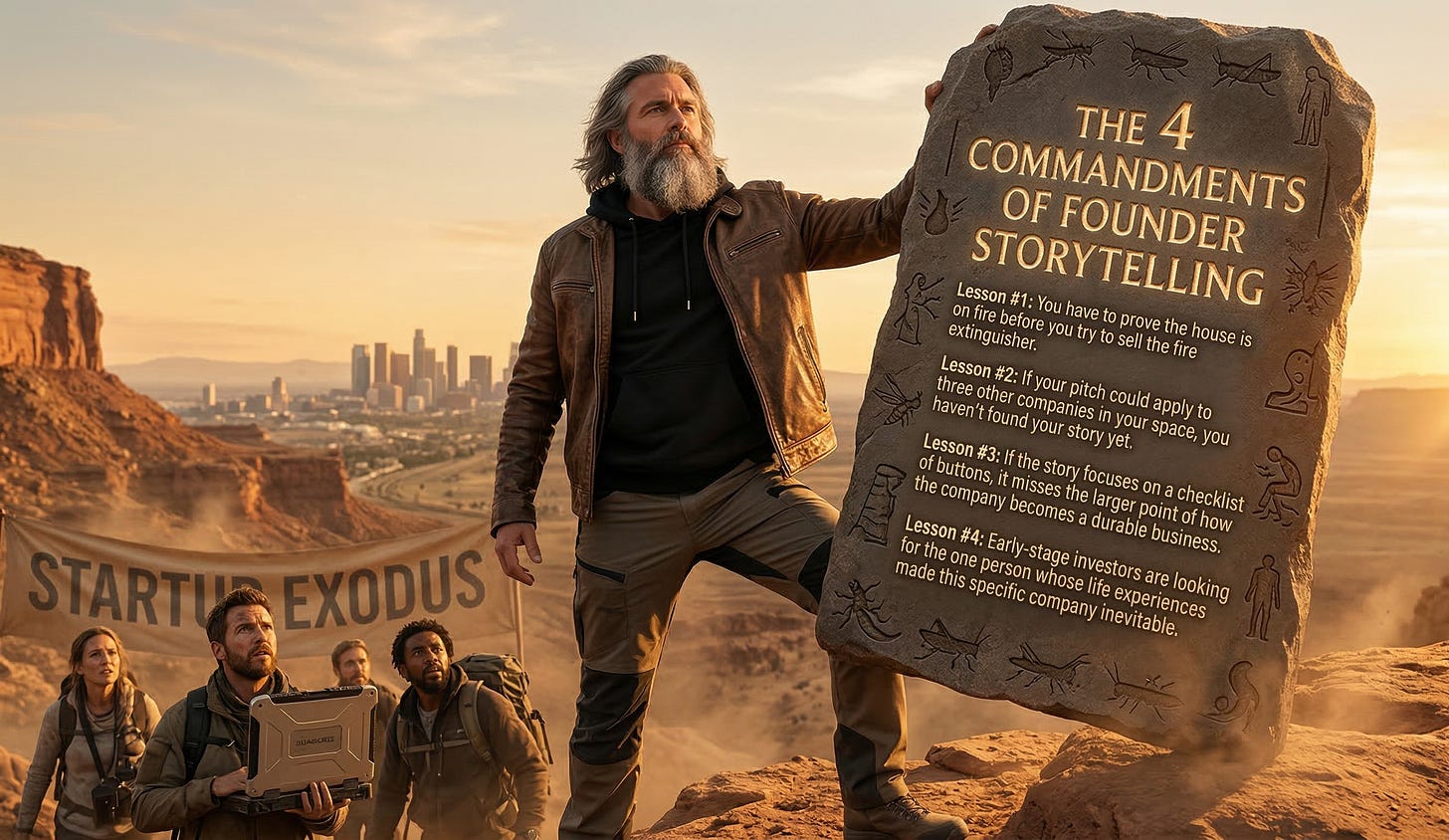 A modern prophet stands on a desert cliff holding a stone tablet inscribed with the four commandments of founder storytelling.