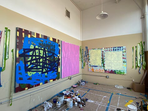 seven progress photos of the painting Untethered Variance, summer 2021. A square painting with lots of strong, geometric street or map-like and grid shapes dominated by various shades of blue and other colors