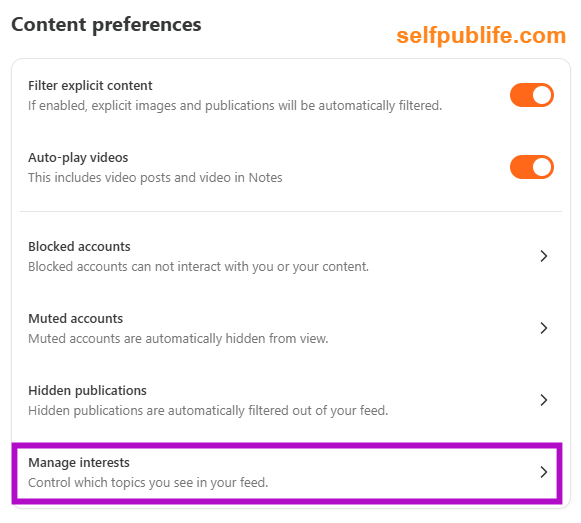 Screenshot of Substack user account settings Content preferences panel. Screenshot of Substack user account settings Content preferences panel.