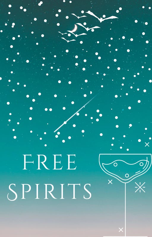 A snowy sky above the title Free Sprits and a drawing of a cocktail glass
