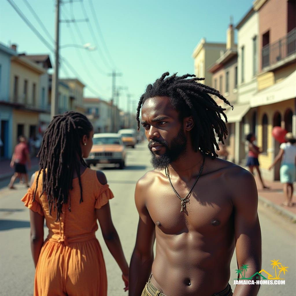 Jamaican man with dreadlocks and woman walking on a lively street