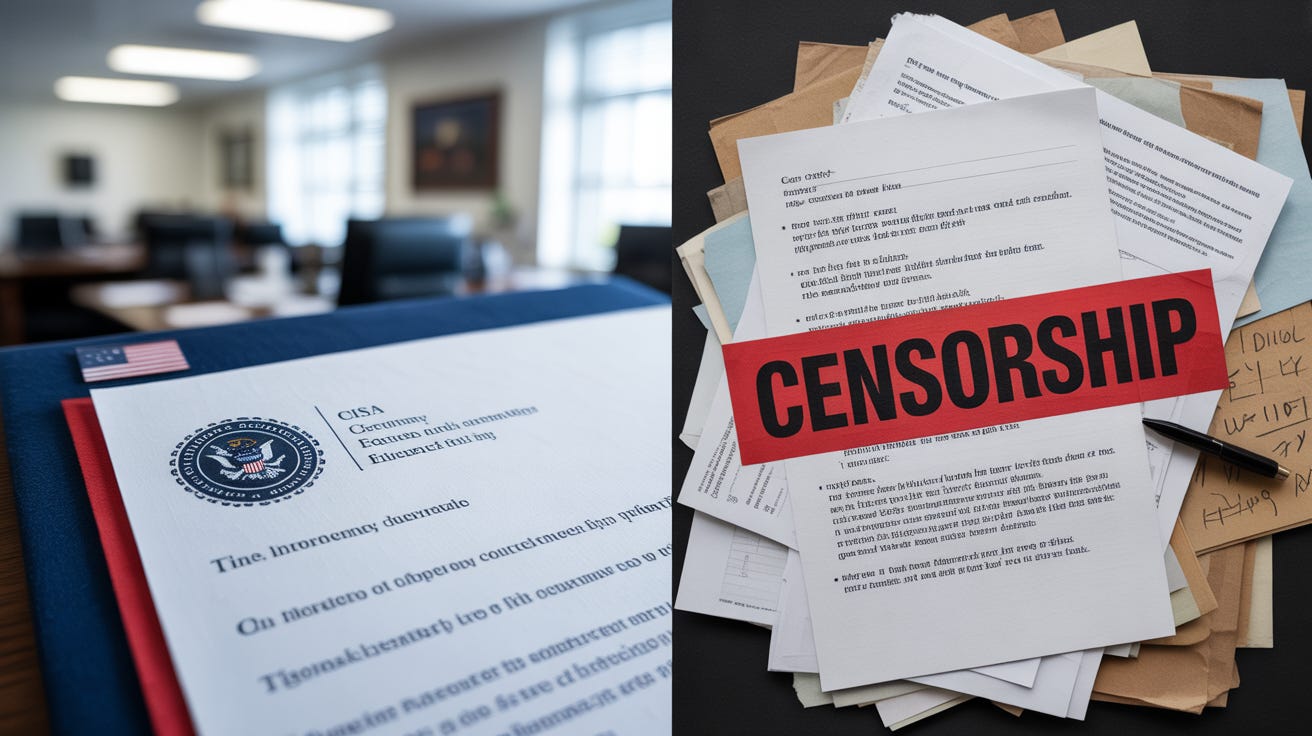 Split image contrasting CISA's official government logo with redacted emails showing censorship coordination between federal agencies and social media platforms Split image contrasting CISA's official government logo with redacted emails showing censorship coordination between federal agencies and social media platforms