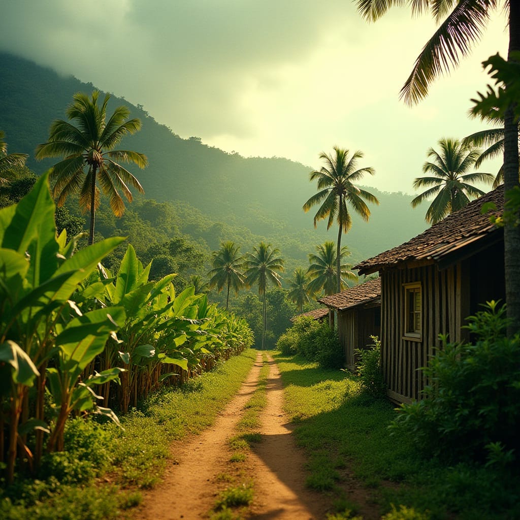 Vibrant Jamaican plantation, 1900s, lush greenery, rustic wooden buildings, and rolling hills of sugar cane and banana trees, bathed in warm, golden cinematic lighting, as if shot on 35mm film with a v-raptor XL camera, capturing every detail with live-action authenticity,