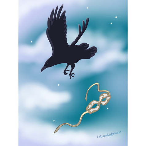 A digital drawing of Jane Austen; a digital painting of a raven that has dropped a mask while flying through the night sky; a digital collage of several objects: Ink, a feather quill, a bust, a candle, a pair of glasses, a skull and a stack of books.