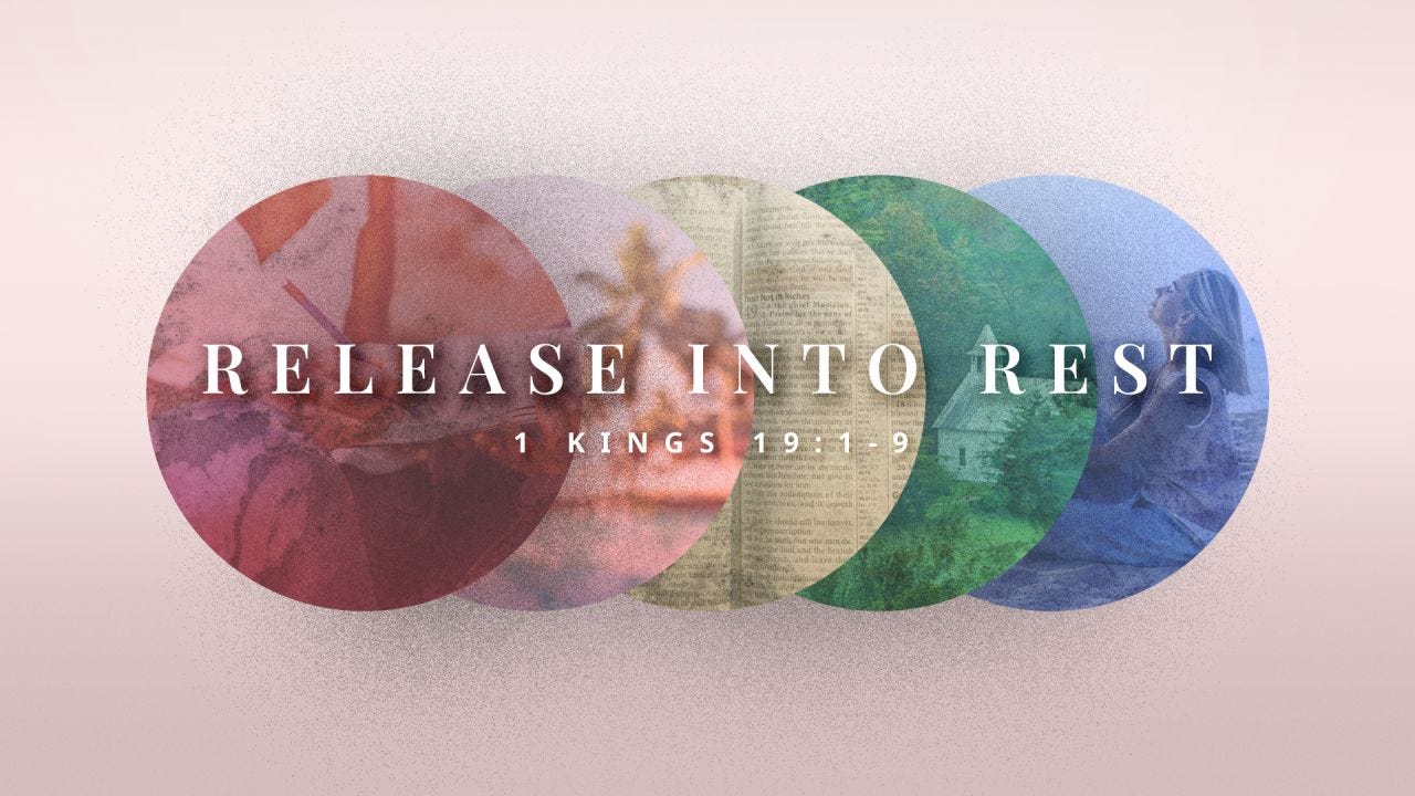Various circles that are overlapping with images of rest, like journaling, or at the beach with palm trees, or reading scripture, or out in the woods, or sitting on the beach. With the text release into rest, 1 Kings 19: 1-9. Various circles that are overlapping with images of rest, like journaling, or at the beach with palm trees, or reading scripture, or out in the woods, or sitting on the beach. With the text release into rest, 1 Kings 19: 1-9.