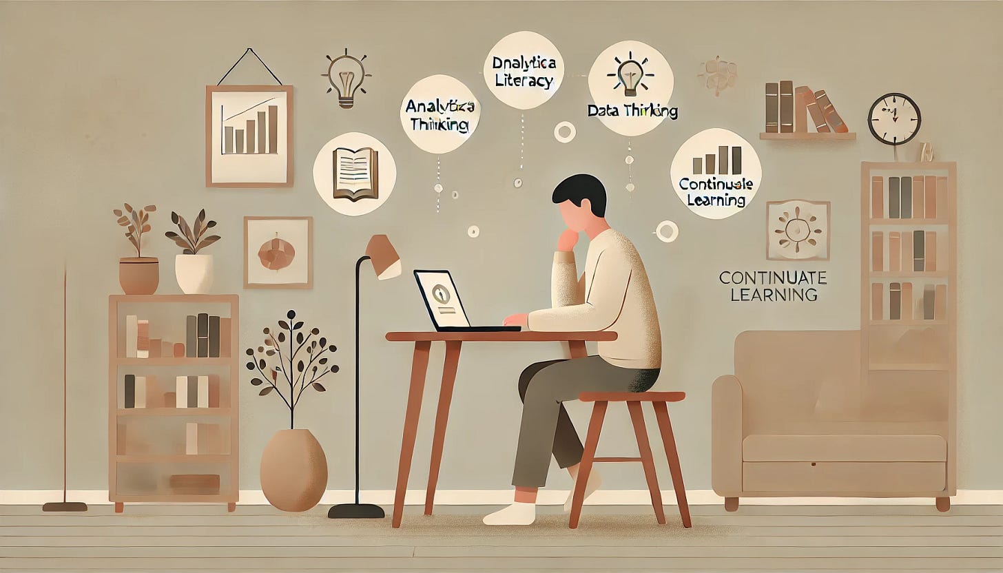 A minimalist digital illustration of a person sitting at a simple desk in a cozy home environment, studying with a laptop and a notebook. Around them, subtle floating icons represent key skills like analytical thinking, data literacy, critical thinking, and continuous learning. The background is neutral with soft lighting, depicting a calm and everyday learning atmosphere. The color palette is warm and inviting, with natural tones like beige, soft gray, and muted blue, creating a relatable and modern feel.