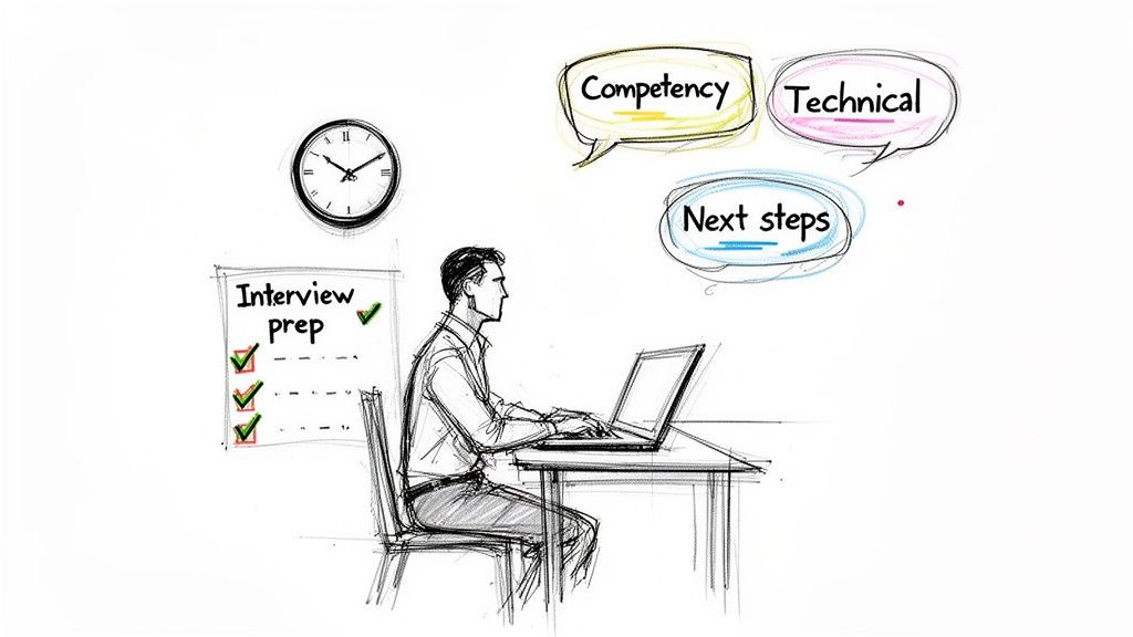 A sketch of a man preparing for an interview at his laptop, with thought bubbles about competency, technical skills, and next steps, next to an "Interview prep" checklist and a clock.