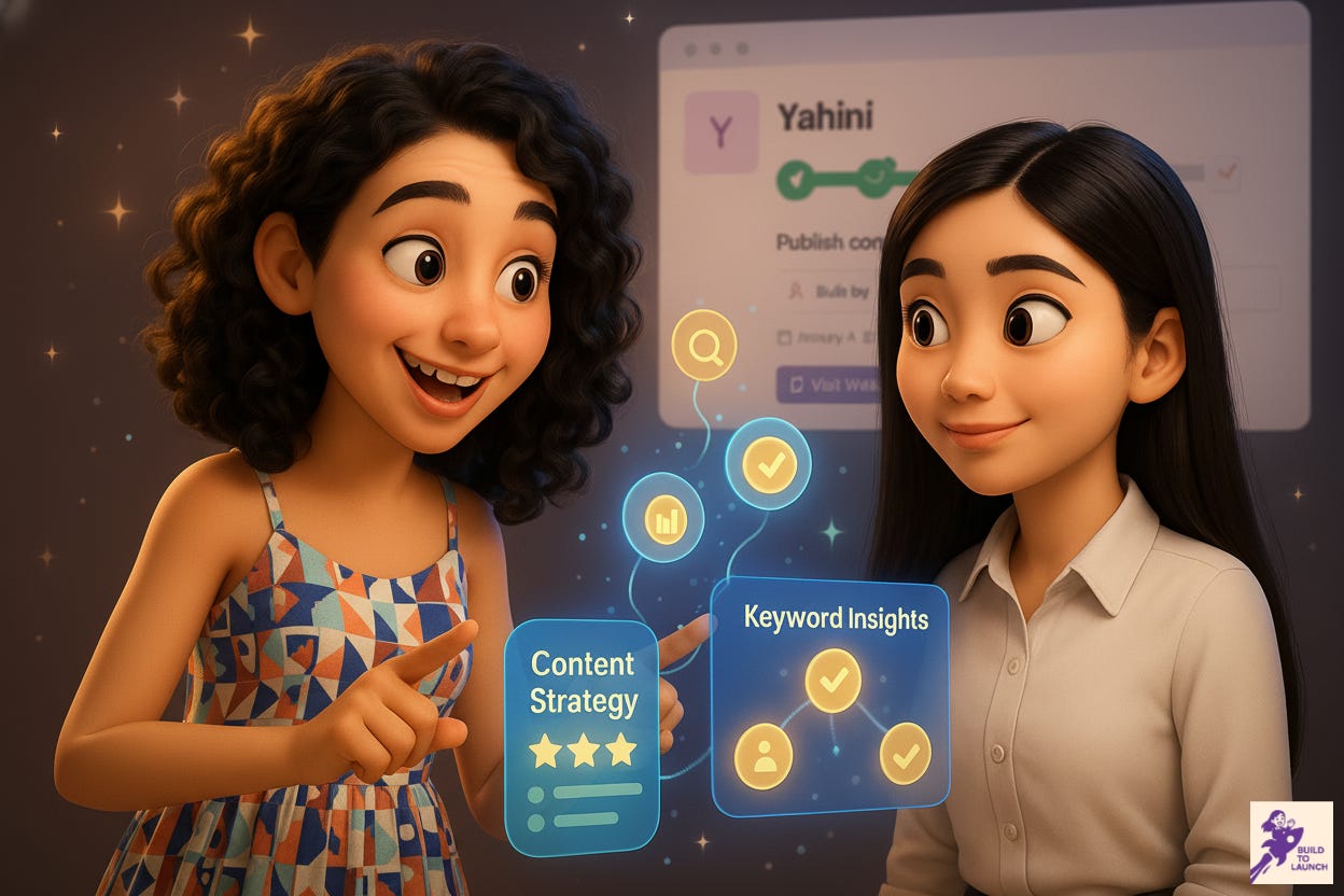 Yahini strategic content platform from Mia, listed in vibecoding.builders and featured in Build to Launch Friday at buildtolaunch.ai - how domain experts build anti-slop content strategy tools with AI collaboration and Three Layers of Intelligence.