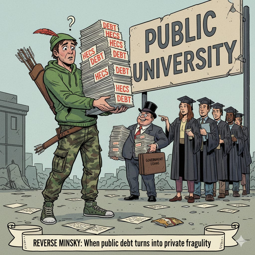 A comic-style illustration depicts a perplexed Robin Hood in modern clothing—a green hoodie, camouflage pants, and his signature feather in a cap—struggling to hold towering stacks of IOUs labeled "HECS Debt." He is standing on a paved area with scattered papers. Behind him, a "Public University" sign is visible, slightly cracked. To his right, a group of recent university graduates in mortarboards look on, one student pointing towards Robin Hood. To their left, a corpulent, rich-looking government official in a top hat and suit carries a briefcase labeled "Government Loans" and a pile of documents labeled "Debt." The overall scene suggests a transfer of public debt into private fragility. A banner at the bottom of the image reads: "REVERSE MINSKY: When public debt turns into private fragility."