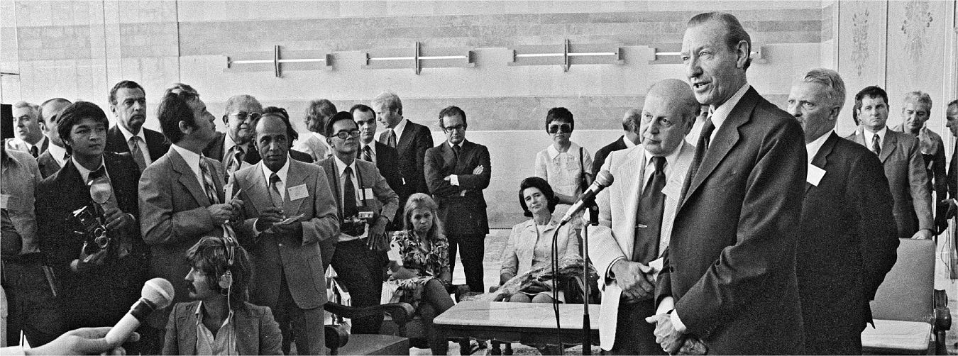 Secretary General Kurt Waldheim holds a press conference in the VIP room at Otopeni airport in Romania. Secretary General Kurt Waldheim holds a press conference in the VIP room at Otopeni airport in Romania.