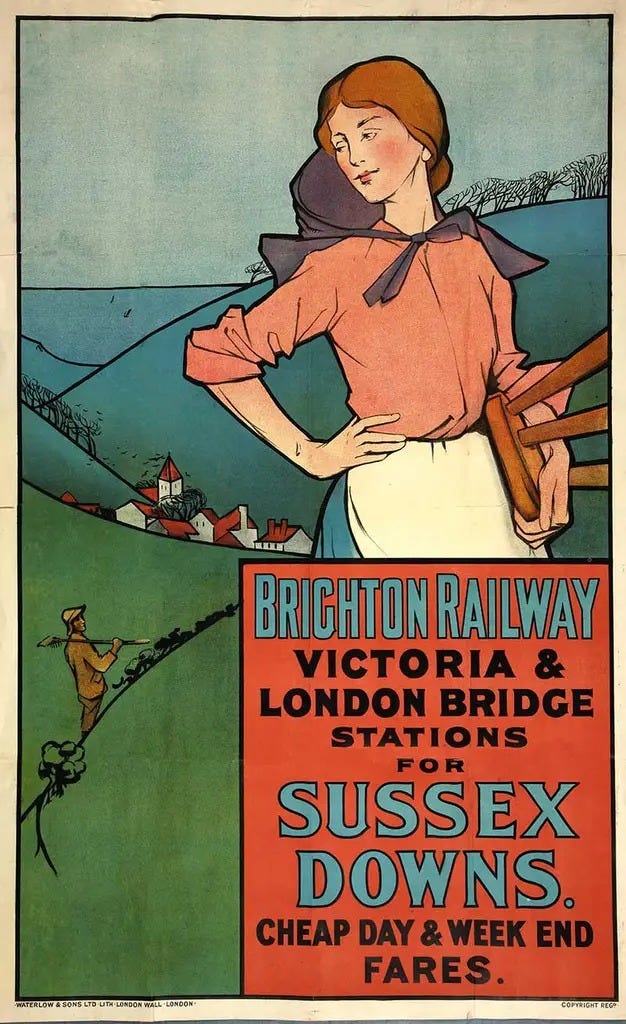A travel poster from Brighton Railway (Victorian) showing a farmer in a field in front of a coastal scene A travel poster from Brighton Railway (Victorian) showing a farmer in a field in front of a coastal scene
