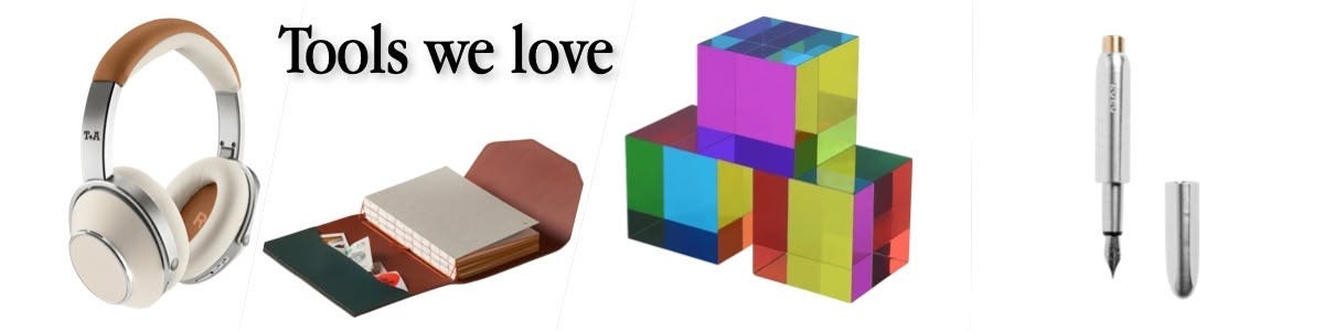 Photo collage showing Azeem Azhar's favorite analog tools: Solitaire T headphones in black, a Paper Republic Trifold leather journal in burgundy with multiple notebook inserts, and a Kolo Tino fountain pen. Also pictured is Jeremy's CMY Cube, a colorful acrylic prism that creates rainbow light patterns.