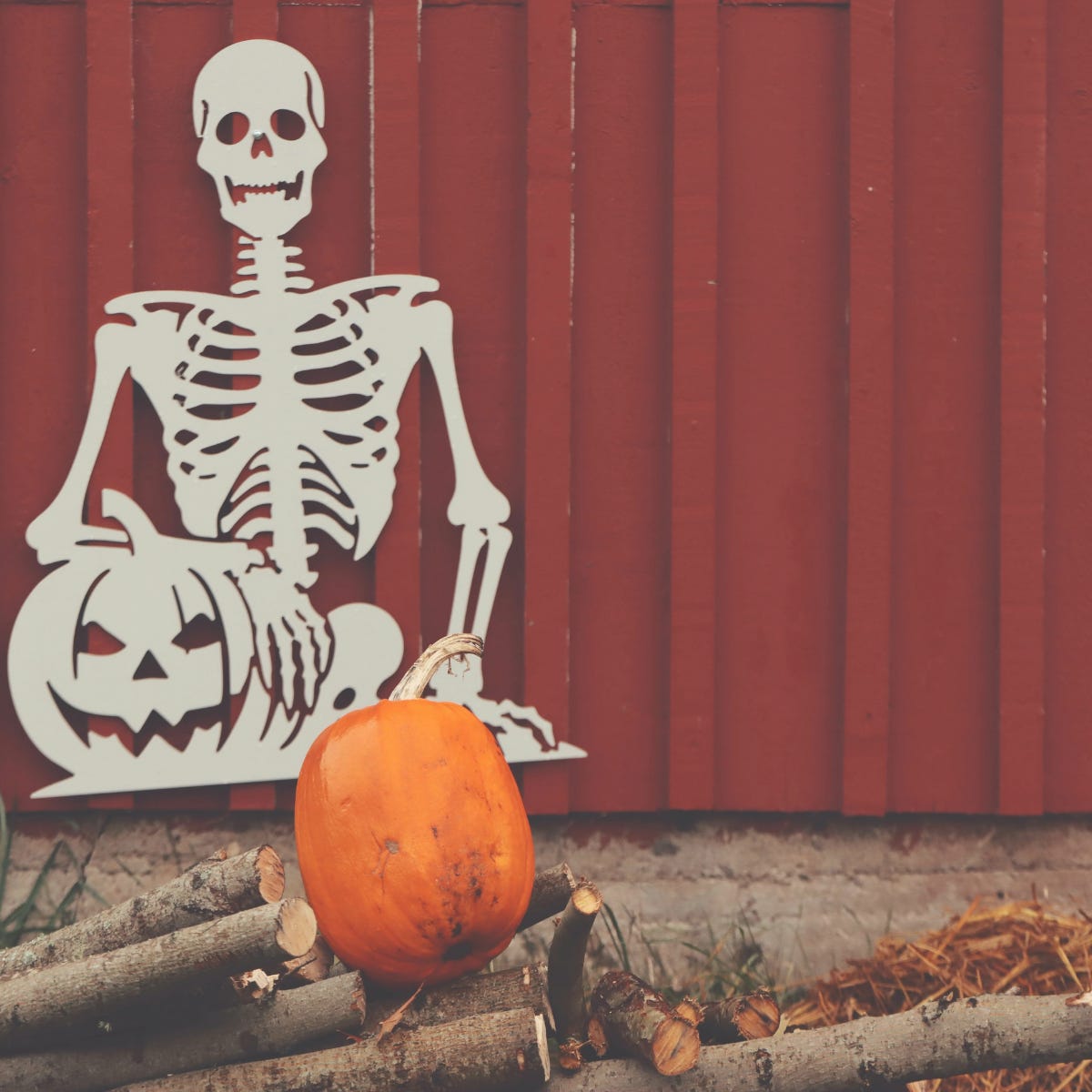 White skeleton decoration holding a pumpkin in front of a red wooden wall—illustrating the concept of giving your content structure so it stands on its own.