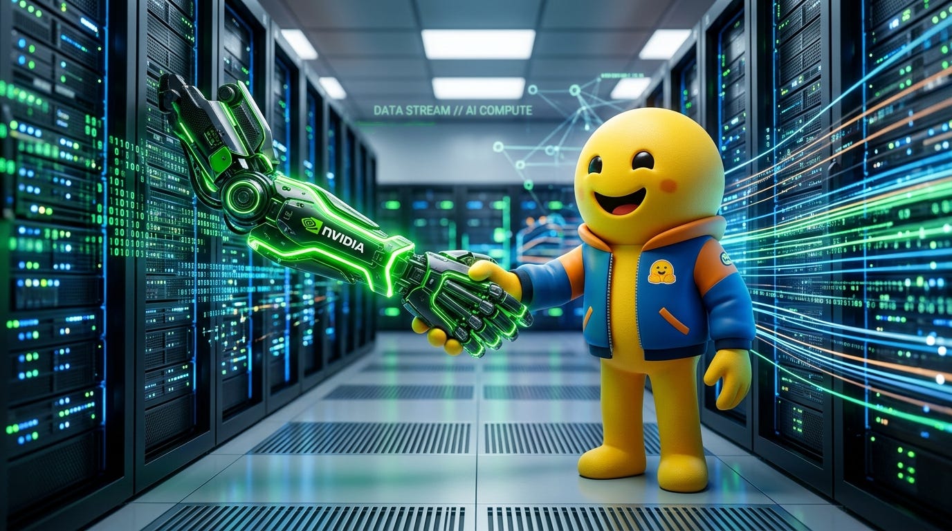 Một cái bắt tay tương lai giữa móng vuốt màu xanh lá cây phát sáng của Nvidia và linh vật biểu tượng cảm xúc cười của Hugging Face, trên nền luồng dữ liệu và tủ máy chủ. Một cái bắt tay tương lai giữa móng vuốt màu xanh lá cây phát sáng của Nvidia và linh vật biểu tượng cảm xúc cười của Hugging Face, trên nền luồng dữ liệu và tủ máy chủ.