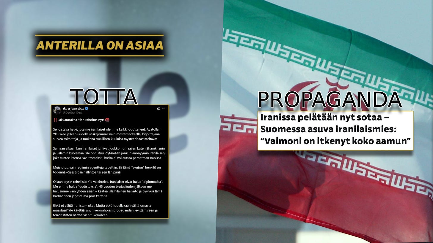 Yleisradion “Iran-uutiset” ovat yhtä valheellisia, propagandaa ja hybridivaikutettuja, kuten ovat “uutiset” Palestiinastakin. Yleisradion “Iran-uutiset” ovat yhtä valheellisia, propagandaa ja hybridivaikutettuja, kuten ovat “uutiset” Palestiinastakin.