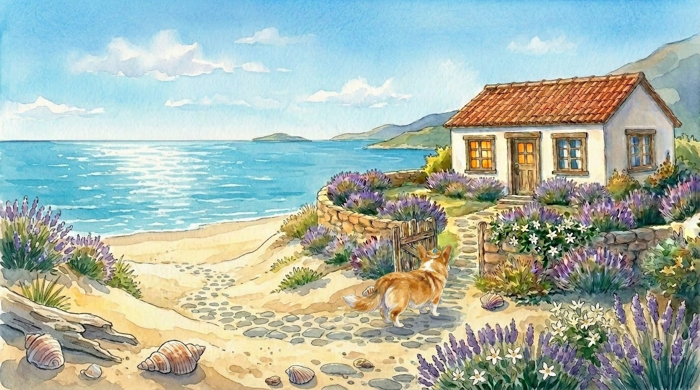 Prince Freddie walks home toward his warm cottage at dusk — closing scene of a sleepcast.