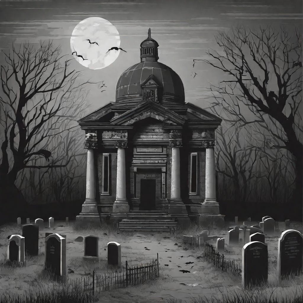 haunted graveyard with mausoleum