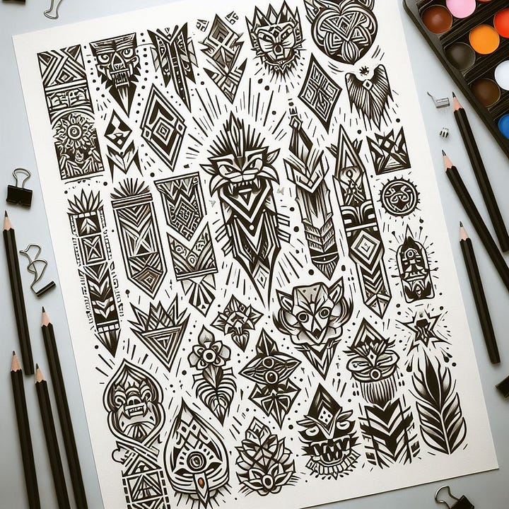 create image of flash paper with numerous tribal and geometric tattoos with no pencils desks or drawing instruments visible