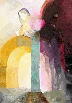 This may contain: an abstract painting with different colors and shapes in the background, including a rainbow - hued archway