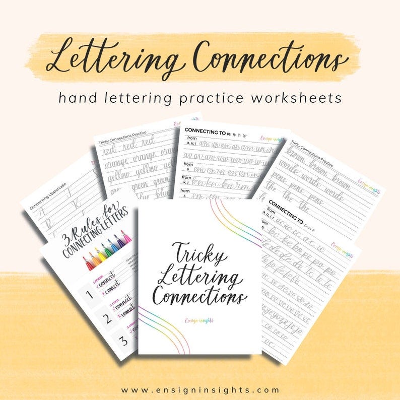 May include: A set of printable worksheets for practicing lettering connections. The worksheets feature a variety of letter combinations and include instructions for connecting letters. The title of the worksheets is "Tricky Lettering Connections".