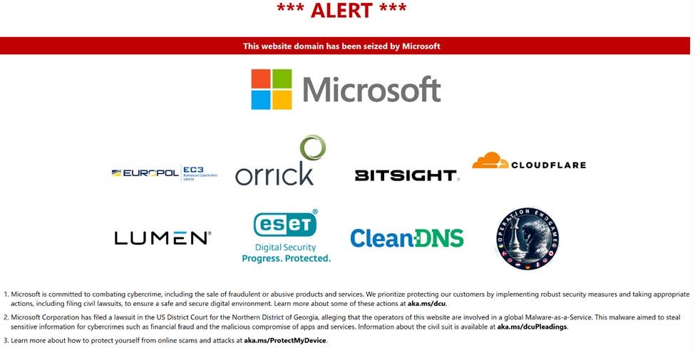 Banner de aviso de incautación que indica que el dominio del sitio web ha sido incautado por Microsoft, en colaboración con Europol EC3, Orrick, BitSight, Cloudflare, Lumen, ESET y CleanDNS. La imagen incluye los logotipos de estas organizaciones y destaca el compromiso de Microsoft con la lucha contra la ciberdelincuencia, incluyendo acciones legales contra los operadores involucrados en el robo de datos financieros, credenciales de usuario y la distribución de malware.