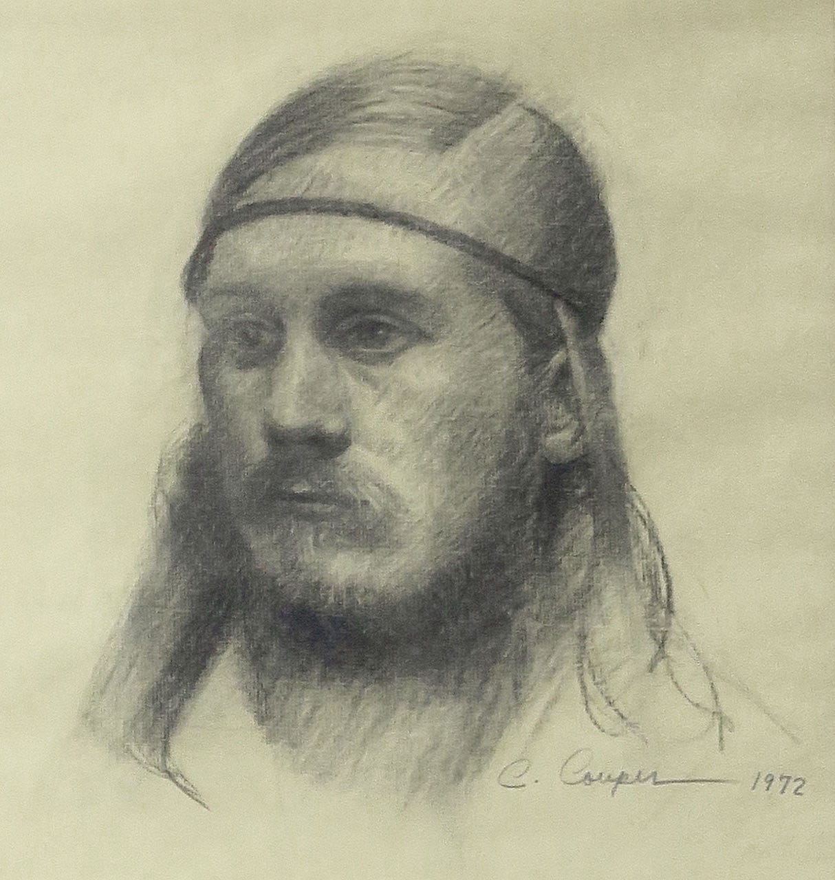 A drawing of a person with a headband

Description automatically generated